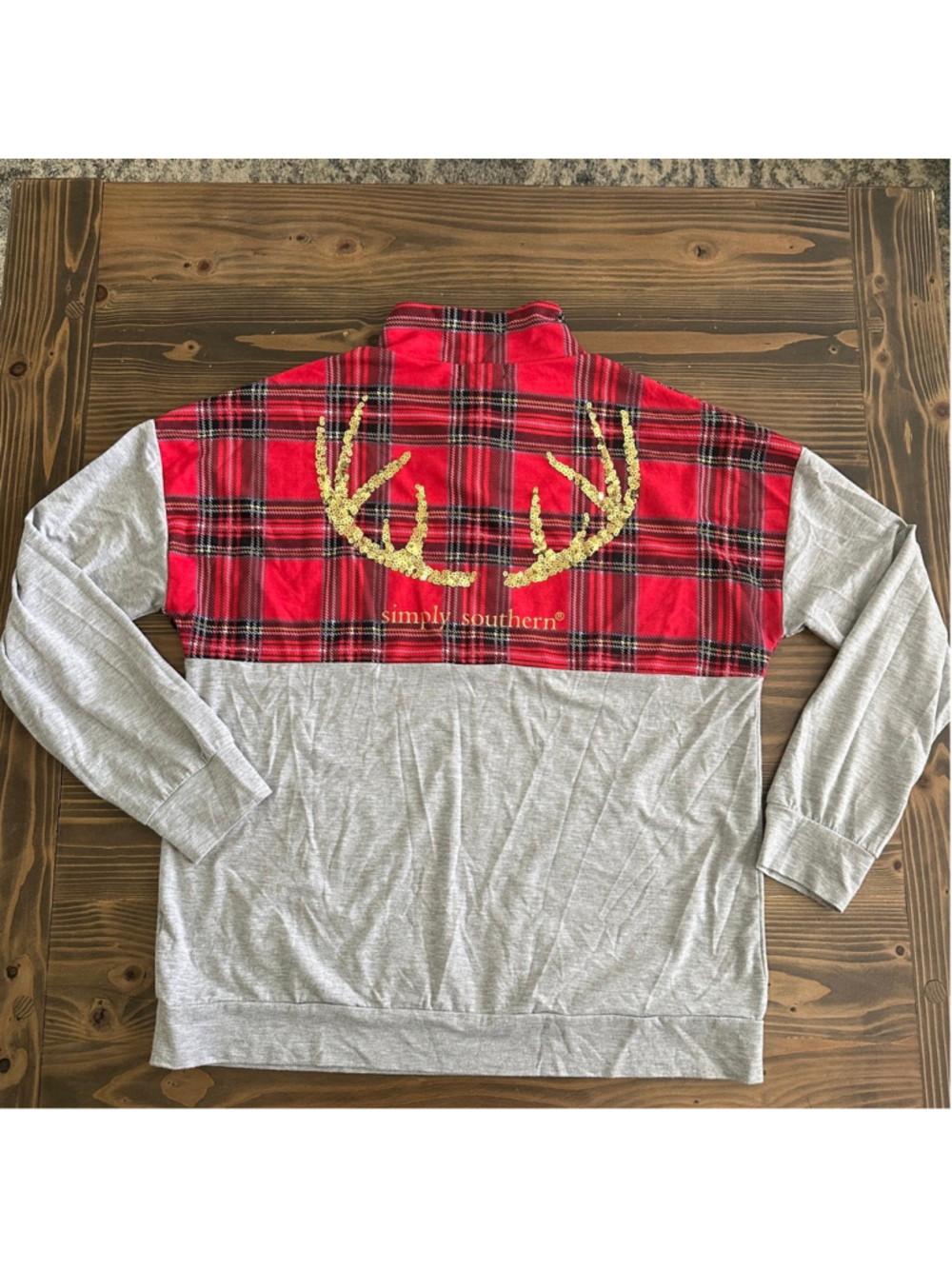 Womens Simply Southern Red Plaid Gray 1/4 Zip Thin Sweatshirt XXL Sequin Antlers - Picture 6 of 12